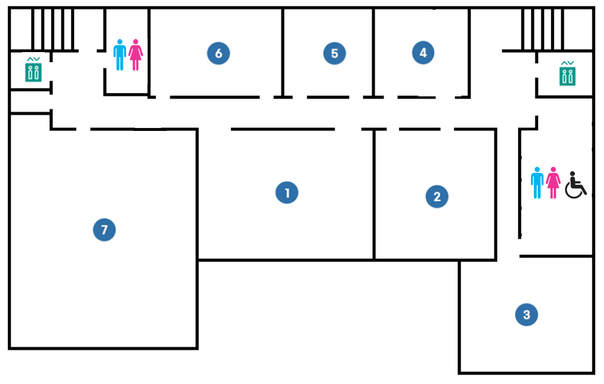 행복지원동 3층 배치도 - 1회의실,2회의실,3휴게라운지,4회의실,5회의실,6회의실,7체력단련실