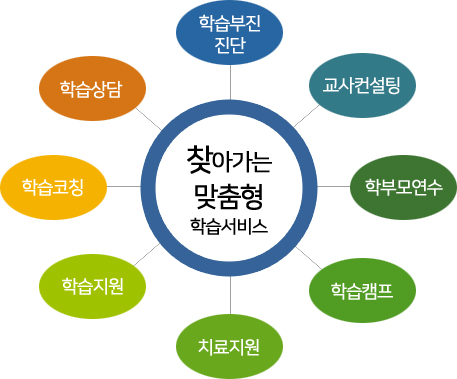 찾아가는 맞춤형 서비스-학습부진진단, 교사컨설팅, 학부모연수, 학습캠프, 치료지원, 학습지원, 학습코칭, 학습상담