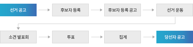 학생자치회 선거 일정 : 선서공고→후보자 등록→후보자 등록 공고→선거 운동→소견 발표회→투표→집계→당선자 공고