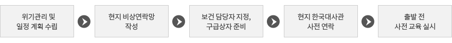 안전 대책 : 위기관리 및 일정 계획 수립→현지 비상연락망 작성→보건 담당자 지정, 구급상자 준비→현지 한국대사관 사전 연락→출발 전 사전 교육 실시