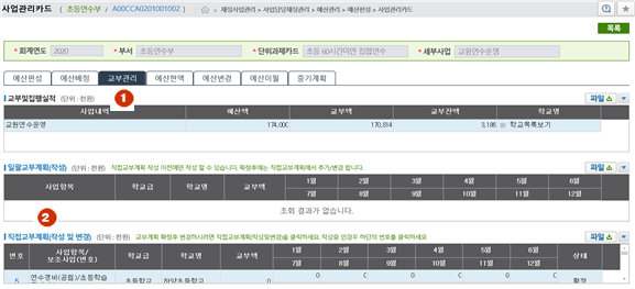 가) 단위업무매뉴얼 → 예산관리 → 예산편성 → 사업관리카드 → 단위과제카드번호 → ① 교부관리 → ② 직접교부계획(작성 및 변경) → 새로운 창에서 화면 오른쪽 끝으로 스크롤 → 교부 클릭