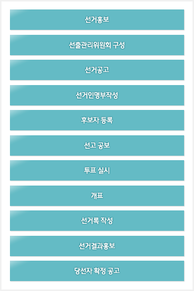 선거 홍보
↓
선출관리위원회 구성
↓
선거 공고
↓
선거인명부작성
↓
후보자 등록
↓
선고 공보
↓
투표 실시
↓
개표
↓
선거록 작성
↓
당선자 확정 공보
↓
선거결과 통보