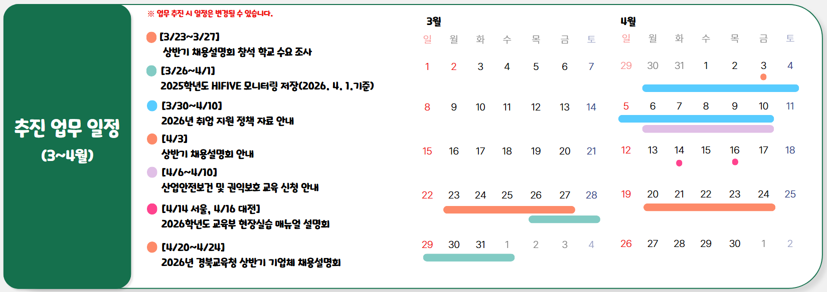 2026년 경북교육청 취업지원센터 추진 업무 일정