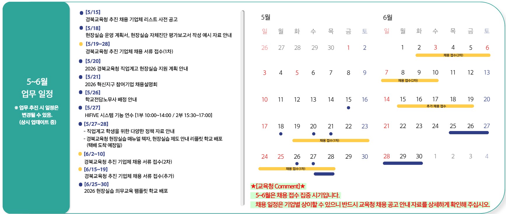 2026년 경북교육청 취업지원센터 추진 업무 일정