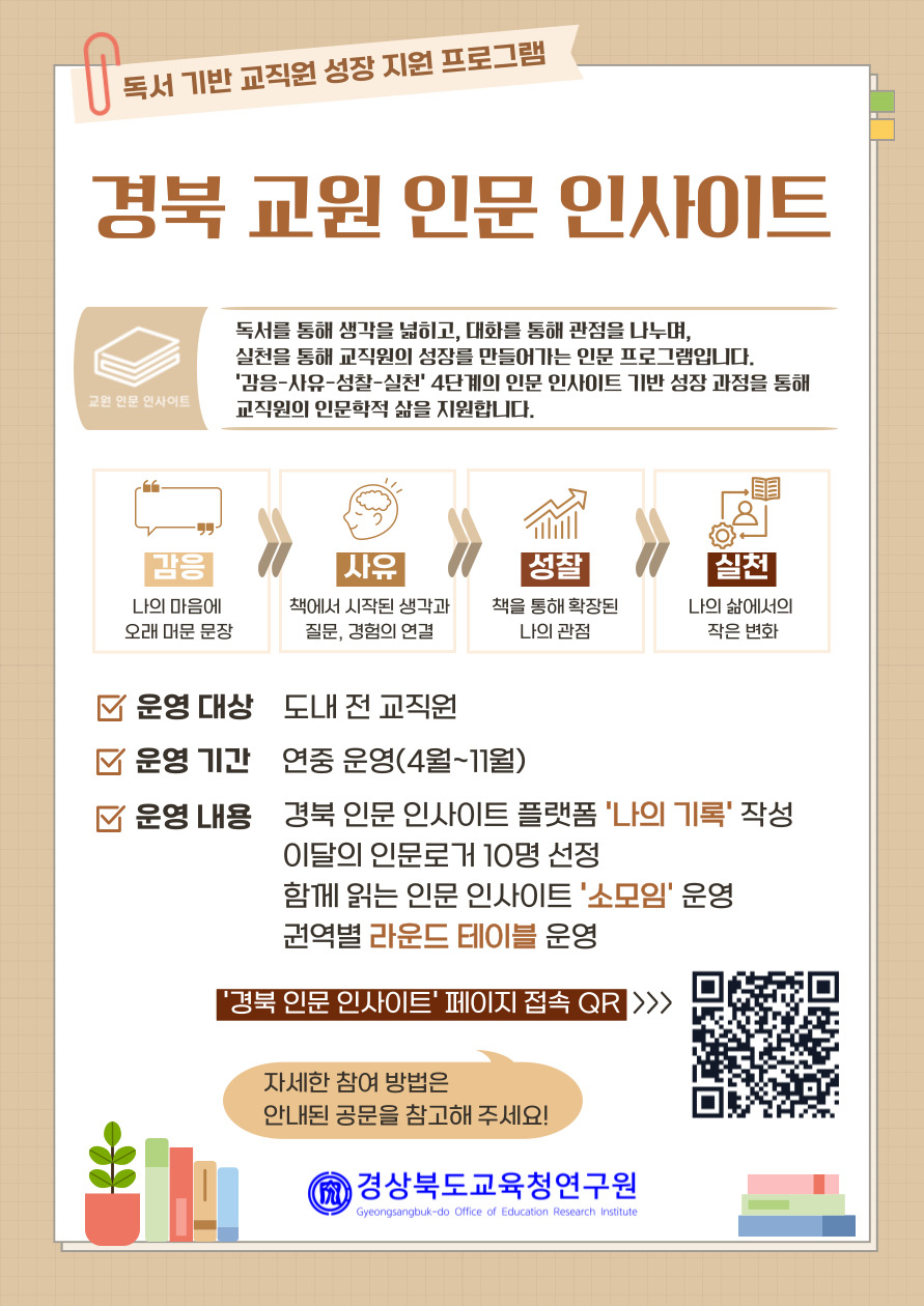독서 기반 교직원 성장 지원 프로그램. 경북 교원 인문 인사이트. 독서를 통해 생각을 넓히고, 대화를 통해 관점을 나누며, 실천을 통해 교직원의 성장을 만들어가는 인문 프로그램입니다.  '감응-사유-성찰-실천' 4단계의 인문 인사이트 기반 성장 과정을 통해 교직원의 인문학적 삶을 지원합니다. ㅁ운영 대상: 도내 전 교직원 ㅁ운영 기간: 연중 운영(4월~11월) ㅁ운영 내용: 경북 인문 인사이트 플랫폼 '나의 기록' 작성. 이달의 인문로거 10명 선정, 참여 기념품 증정. 함께 읽는 인문 인사이트 '소모임' 운영. 권역별 라운드 테이블 운영.'경북 인문 인사이트' 페이지 접속 QR. 자세한 참여 방법은 안내된 공문을 참고해 주세요. 경상북도교육청연구원