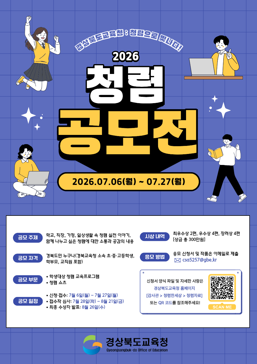 경상북도교육청:청렴으로 빛나다! 2026 청렴 공모전 2026.07.06(월) ~ 07.27(월) 공모 주제:학교, 직장, 가정, 일상생활 속 청렴 실천 이야기, 함께 나누고 싶은 청렴에 대한 소통과 공감의 내용. 공모 자격:경북도민 누구나(경북교육청 소속 초·중·고등학생, 학부모, 교직원 포함) 공모 부문:• 학생대상 청렴 교육프로그램 • 청렴 쇼츠 공모 일정 • 신청·접수: 7월 6일(월) ~ 7월 27일(월) • 접수작 심사: 7월 28일(화) ~ 8월 21일(금) • 최종 수상자 발표: 8월 26일(수) 시상 내역:최우수상 2편, 우수상 4편, 장려상 4편 [상금 총 300만원] 응모 방법:응모 신청서 및 작품은 이메일로 제출 csa5257@gbe.kr  신청서 양식 파일 및 자세한 사항은 경상북도교육청 홈페이지 [감사관 > 청렴한세상 > 청렴자료] 또는 QR 코드를 참조해주세요! 경상북도교육청