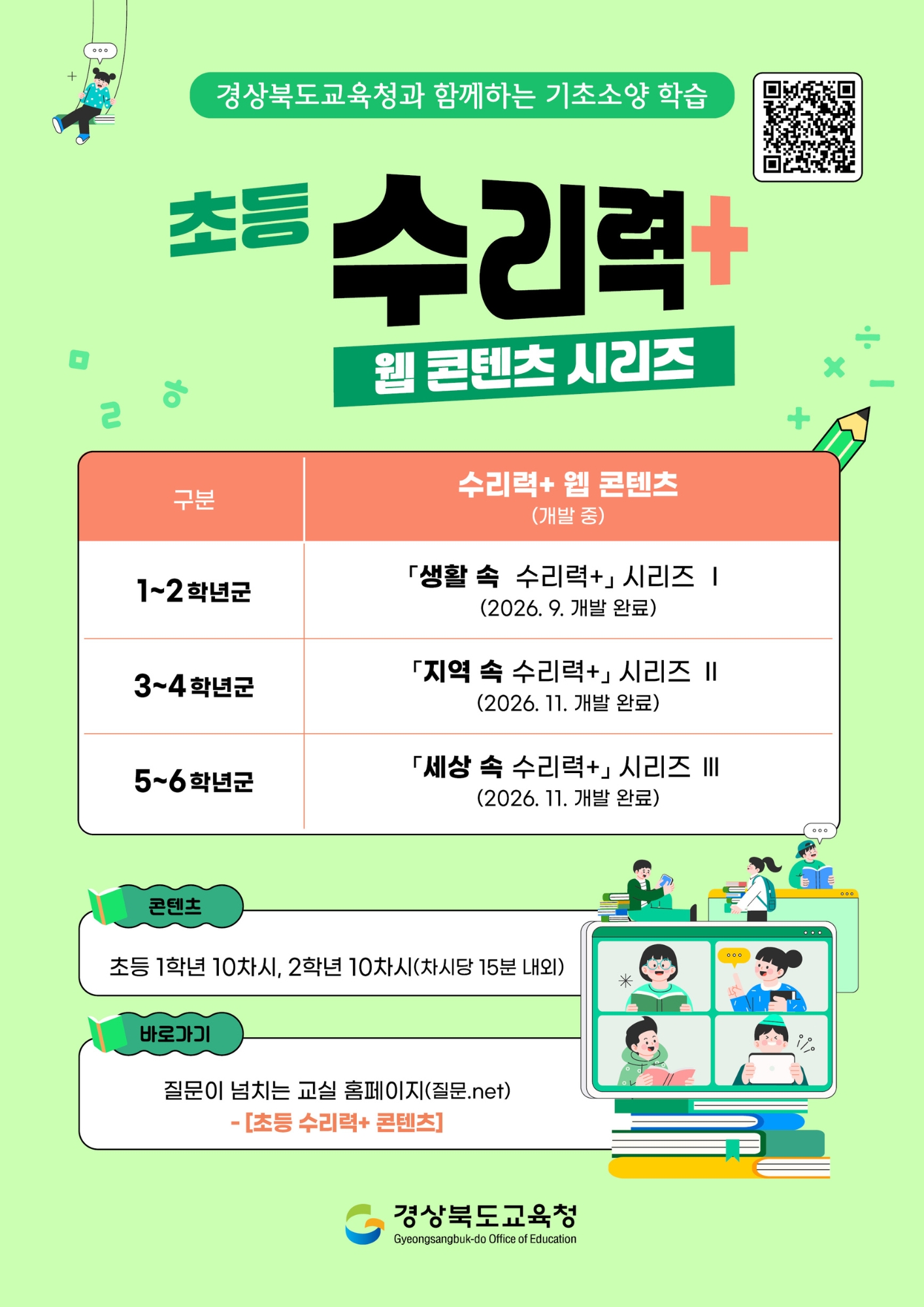 경상북도교육청과 함께하는 기초소양 학습. 초등 수리력+ 웹 콘텐츠 시리즈  1~2 학년군: 「생활 속 수리력+」시리즈 | (2026. 9. 개발 완료) 3~4학년군: 「지역 속 수리력+」시리즈 Ⅱ (2026. 11. 개발 완료) 5~6학년군: 「세상 속 수리력+」시리즈 Ⅲ (2026. 11. 개발 완료) 콘텐츠: 초등 1학년 10차시, 2학년 10차시(차시당 15분 내외) 바로가기: 질문이 넘치는 교실 홈페이지(질문.net) - [초등 수리력+ 콘텐츠] 경상북도교육청