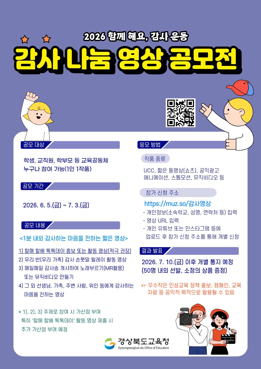 2026 함께 해요, 감사 운동 감사 나눔 영상 공모전. 공모 대상: 학생, 교직원, 학부모 등 교육공동체 누구나 참여 가능(1인 1작품)  공모 기간: 2026. 6.5.(금) ~ 7.3.(금) 공모 내용: <1분 내외 감사하는 마음을 전하는 짧은 영상> 1) 할매 할배 톡톡데이 홍보 또는 활동 영상(적극 권장) 2) 우리 반(우리 가족) 감사 손팻말 릴레이 활동 영상 3) 매일매일 감사송 개사하여 노래부르기(MR활용) 또는 뮤직비디오 만들기 4) 그 외 선생님, 가족, 주변 사람, 위인 등에게 감사하는 마음을 전하는 영상 * 1), 2), 3) 주제로 참여 시 가산점 부여 특히 '할매 할배 톡톡데이' 활동 영상 제출 시 추가 가산점 부여 예정 [응모 방법] 작품 종류: UCC, 짧은 동영상(쇼츠), 공익광고 애니메이션, 스톱모션, 뮤직비디오 등 참가 신청 주소: https://muz.so/감사영상 - 개인정보(소속학교, 성명, 연락처 등) 입력 - 영상 URL 입력 - 개인 유튜브 또는 인스타그램 등에 업로드 후 참가 신청 주소를 통해 개별 신청  결과 발표: 2026. 7. 10.(금) 이후 개별 통지 예정 (50명 내외 선발, 소정의 상품 증정) ■ 우수작은 인성교육 정책 홍보, 캠페인, 교육 자료 등 공익적 목적으로 활용될 수 있음. 경상북도교육청 Gyeongsangbuk-do Office of Education