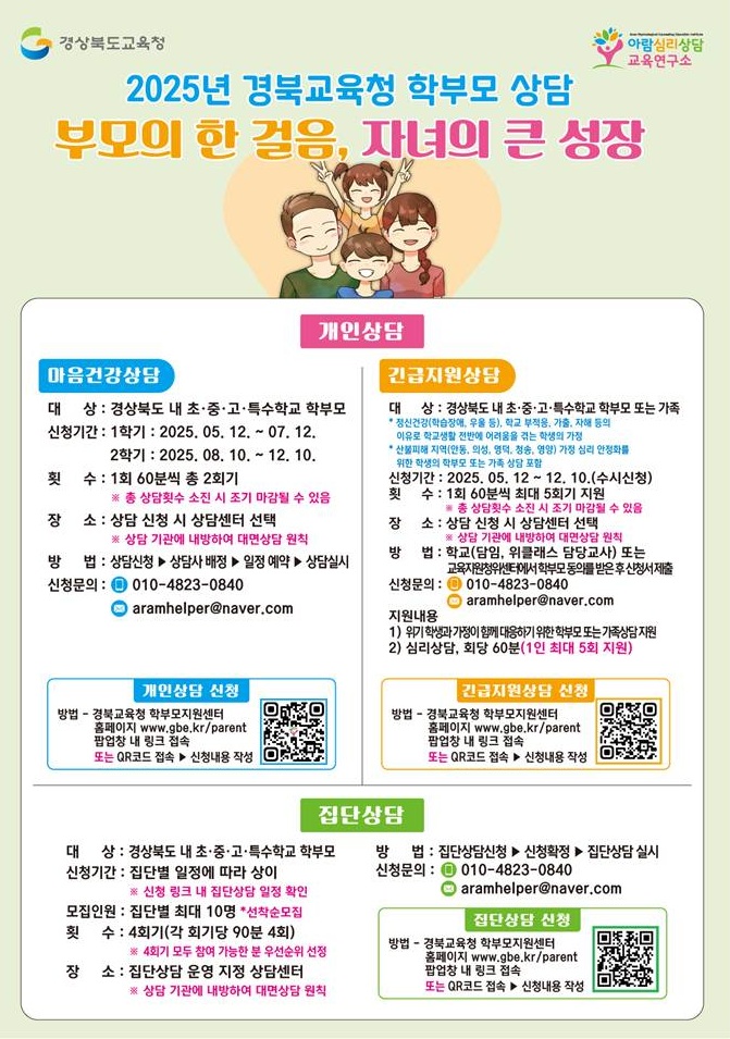 경상북도교육청 아람심리상담교육연구소 2025년 경북교육청 학부모 상담 부모의 한 걸음, 자녀의 큰 성장 개인상담 마음건강상담 대상: 경상북도 내 초중고특수학교 학부모 신청기간 1학기: 2025. 05. 12. ~ 07. 12. 2학기: 2025. 08. 10. ~ 12. 10. 횟수: 1회 60분씩 총 2회기 ※ 총 상담횟수 소진 시 조기 마감될 수 있음 장소: 상담 신청 시 상담센터 선택 ※ 상담 기관에 내방하여 대면상담 원칙 방법 : 상담신청 ▶ 상담사 배정 ▶ 일정 예약 ▶ 상담실시 신청문의: 010-4823-0840 aramhelper@naver.com 개인상담 신청 방법-경북교육청 학부모지원센터 홈페이지 www.gbe.kr/parent 팝업창 내 링크 접속 또는 QR코드 접속 ▶ 신청내용 작성  긴급지원상담 대상: 경상북도 내 초중고특수학교 학부모 또는 가족 * 정신건강(학습장애,우울등) 학교 부적응, 가출, 자해 등의 이유로 학교생활 전반에 어려움을 겪는 학생의 가정 * 산불피해 지역(안동,의성,영덕,청송,영양) 가정 심리 안정화를 위한 학생의 학부모 또는 가족상담 포함 신청기간: 2025. 05. 12. ~ 12. 10.(수시신청) 횟수 : 1회 60분씩 최대 5학기 지원 ※ 총 상담횟수 소진 시 조기 마감될 수 있음 장소: 상담 신청 시 상담센터 선택 ※ 상담 기관에 내방하여 대면상담 원칙 방법: 학교(담임,위클래스 담당교사) 또는 교육지원청위센터에서 학부모 동의를 받은 후 신청서 제출 신청문의: 010-4823-0840 aramhelper@naver.com 지원내용 1) 위기 학생과 가정이 함께 대응하기 위한 학부모 또는 가족상담 지원 2) 심리상담, 회당 60분(1인 최대 5회 지원) 긴급지원상담 신청 방법-경북교육청 학부모지원센터 홈페이지 www.gbe.kr/parent 팝업창 내 링크 접속 또는 QR코드 접속 ▶ 신청내용 작성 집단상담 대상: 경숭복도 내 초중고특수학교 학부모 신청기간: 집단별 일정에 따라 상이 ※ 신청 링크 내 집단상담 일정 확인 모집인원: 집단별 최대 10명 * 선착순 모집 횟수 : 4회기(각 회기당 90분 4회) ※ 4회기 모두 참여 가능한 분 우선순위 선정 장소: 집단상담 운영 지정 상담센터 ※ 상담 기관에 내방하여 대면상담 원칙 방법: 집단상담신청 ▶ 신청확정 ▶ 집단상담 실시 신청문의: 010-4823-0840 aramhelper@naver.com 집단상담 신청 방법- 경북교육청 학부모지원센터 홈페이지 www.gbe.kr/parent 팝업창 내 링크 접속 또는 QR코드 접속 ▶ 신청내용 작성
