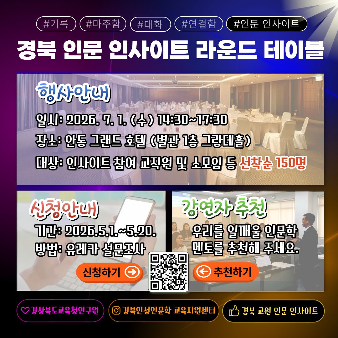 #기록#마주함#대화#연결함#인문 인사이트 경북 인문 인사이트 라운드 테이블 행사안내. 일시: 2026. 7. 1. (수) 14:30~17:30. 장소: 안동 그랜드 호텔 (별관 1층 그랑데홀) 대상: 인사이트 참여 교직원 및 소모일 등 선착순 150명.  신청안내. 기관: 2026.5.1.~5.20. 방법: 유레카 설문조사 강연자 추천. 우리를 일깨울 인문학 멘토를 추천해 주세요. 경상북도교육청연구원. 경북인성인문학 교육지원센터. 경북 교원 인문 인사이트