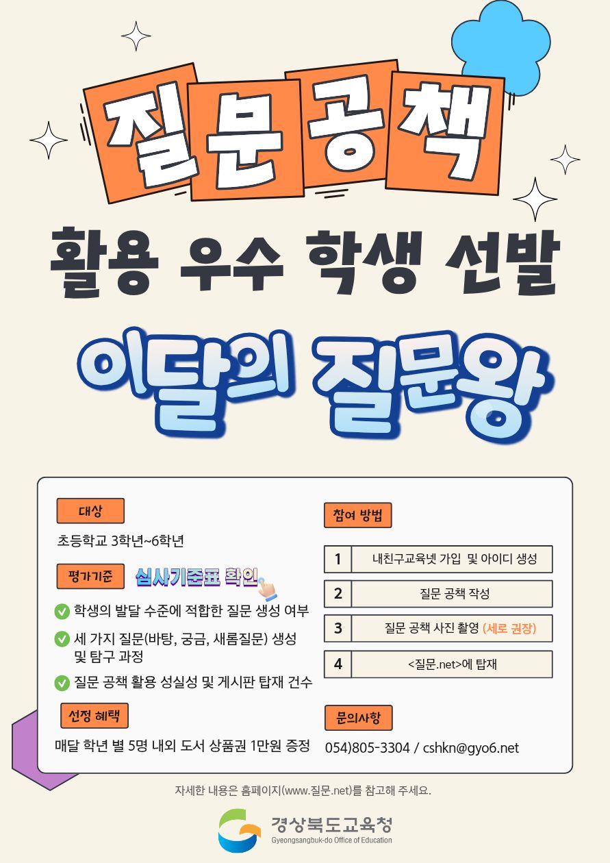 질문공책 활용 우수 학생 선발 이달의 질문왕. 대상: 초등학교 3학년~6학년. 평가기준(심사기준표 확인): 학생의 발달 수준에 적합한 질문 생성 여부. 세 가지 질문(바탕, 궁금, 새롬질문) 생성 및 탐구 과정. 질문 공책 활용 성실성 및 게시판 탑재 건수. 선정 혜택: 매달 학년 별 5명 내외 도서 상품권 1만원 증정. 참여 방법: 1내친구교육넷 가입 및 아이디 생성 2질문 공책 작성 3질문 공책 사진 촬영(세로 권장) 4<질문.net>에 탑재. 문의사항: 054)805-3304 / cshkn@gyo6.net 자세한 내용은 홈페이지(www.질문.net)를 참고해 주세요. 경상북도교육청