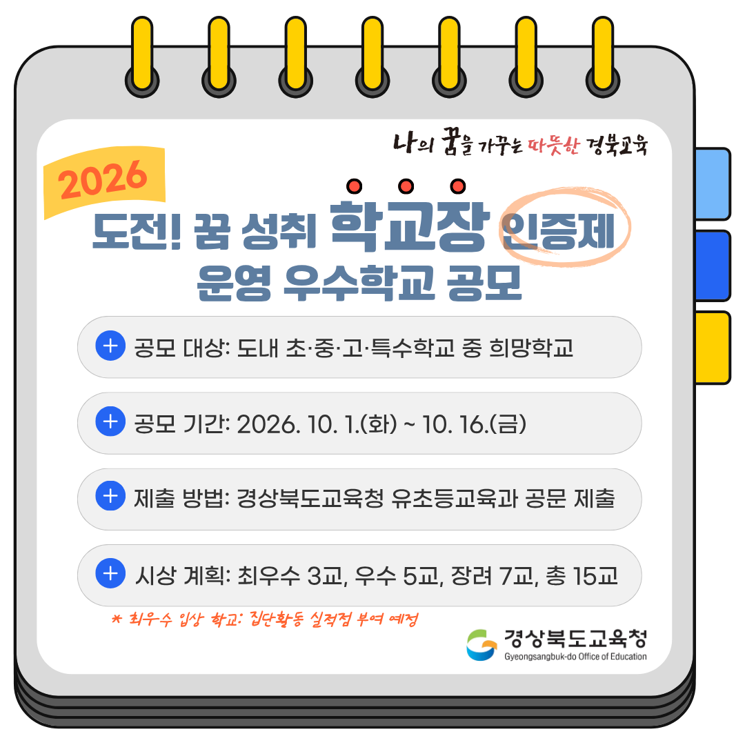 2026 도전! 꿈 성취 학교장 인증제 운영 우수학교 공모 공모 대상: 도내 초·중·고·특수학교 중 희망학교 공모 기간: 2026. 10. 1.(화)~ 10. 16.(금) 제출 방법: 경상북도교육청 유초등교육과 공문 제출 시상 계획: 최우수 3교, 우수 5교, 장려 7교, 총 15교 * 최우수 입상 학교: 집단환동 실적정 부여 예정 경상북도교육청