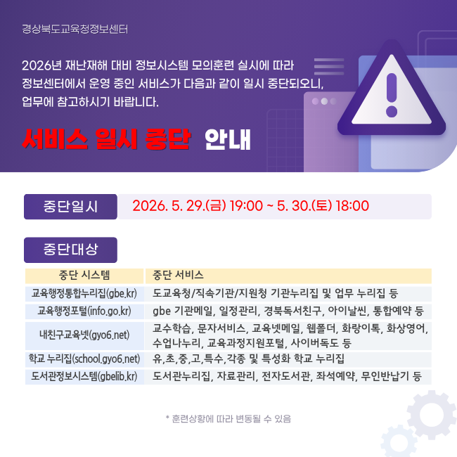 경상북도교육청정보센터  2026년 재난재해 대비 정보시스템 모의훈련 실시에 따라 정보센터에서 운영 중인 서비스가 다음과 같이 일시 중단되오니, 업무에 참고하시기 바랍니다.  서비스 일시 중단 안내.  중단일시: 2026.5.29.(금) 19:00 ~ 5.30.(토) 18:00. <중단 대상> 교육행정통합누리집(gbe.kr): 도교육청/직속기관/지원청 기관누리집 및 업무 누리집 등. 교육행정포털(info.go.kr): gbe 기관메일, 일정관리, 경북독서친구, 아이날씬, 통합예약 등. 내친구교육넷(gyo6.net): 교수학습, 문자서비스, 교육넷메일, 웹폴더, 화랑이톡, 화상영어, 수업나누리, 교육과정지원포털, 사이버독도 등. 학교 누리집(school.gyo6.net): 유,초,중,고,특수, 각종 및 특성화 학교 누리집. 도서관정보시스템(gbelib.kr): 도서관누리집, 자료관리, 전자도서관, 좌석예약, 무인반납기 등.