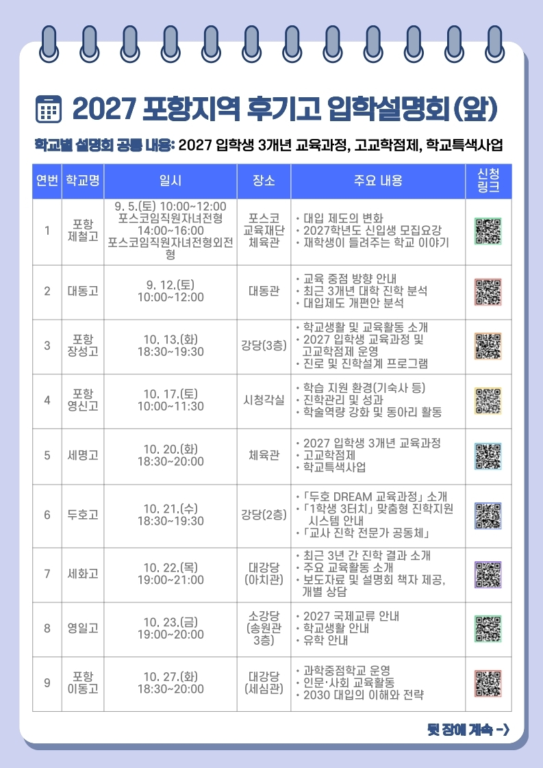2027 포항지역 후기고등학교 학교별 입학설명회 포스터